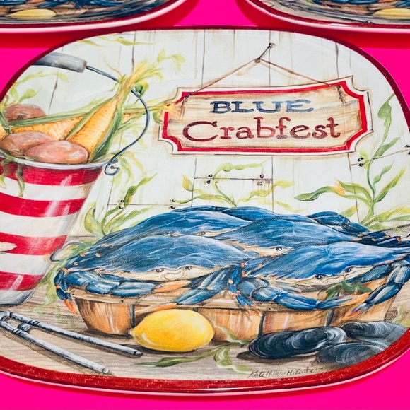 NEW… Set of Three Blue Crabfest Plates, Certified International ~ Kate McRostie - Picture 10 of 13